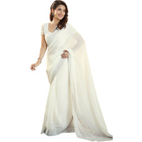 Satrani Women's Shimmer Chiffon Self Woven Embroidery Stone Work Saree With Unstitched Blouse Piece (4019S561N_White)