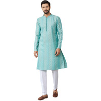 See Designs Men's Long Sleeve Mandarin Collar Side Slit Ice Green Embroidered Thread Work Sequinned Chanderi Silk Straight Kurta With Pyjama - Sdkt251601M
