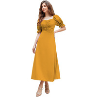 Shasmi Girl's & Women's Solid Mustard A-Line Ruched Puff Sleeve Maxi Long Evening One Piece Long Dress For Women Stylish (Dress 131 Mustard-M)