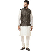 Sojanya (Since 1958 Men's Silk Blend Cream Kurta Pyjama & Black Self Design Nehru Jacket Combo