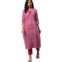 Ishin Women's Cotton Pink Printed Straight Kurta Trouser Set