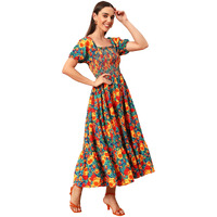 Kzully Women's Rayon Smocked Midi Dress (1003-Orange-L_Orange