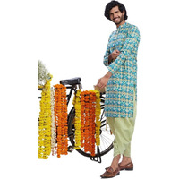Kisah Men's Kurta Dhoti Set, Blue Pure Cotton, Geometric Regular Fit Mandarin Collar Long Sleeves (L)