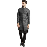 Kisah Men's Kurta Sherwani Trouser Set Indo-Western, Black Jacquard, Woven Design Long Sleeves Regular Fit Mandarin Collar (Small)