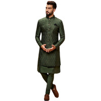 Kisah Men's Kurta Indo-Western Sherwani Churidar Set, Olive Silk Blend, Woven Design Regular Fit Mandarin Collar Long Sleeves (S)