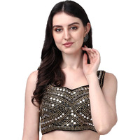 Pujia Mills Women's Phantom Silk Real Mirror Hand Work Readymade Saree Blouse (Sleeves Attached Inside)(Mirror Blouse Pm_Black_38 Size+Margin)