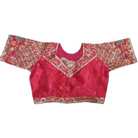 Pujia Mills Women's Ethnic Wear Golden Codding With Multi Embroidery Sequence Work Sweetheart Neck Half Sleeve Readymade Bridal Pink Saree Blouse Net Cutwork Blouse For Lehenga