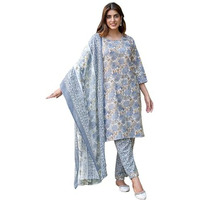 Sanisa Women's Cotton Blend Floral & Foil Printed Straight Kurta With Pant And Dupatta Set| Ethnic Set | Suit Set | Kurta Set(203Kbd2152N-S_Grey & Off White & Multi)