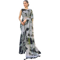 Satrani Women's Georgette Printed Saree With Unstitched Blouse Piece (3646S1371N_Grey & Black)