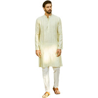 See Designs Men Full Sleeve Off White And Gold Chanderi Silk Sequins Mandarin Collar Side Slit Kurta With Pyjama - Sd2Kt_243601Xs
