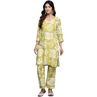 Varanga Women Lime Green Ikat Printed V-Neck Short Kurta With Culotte Bottom