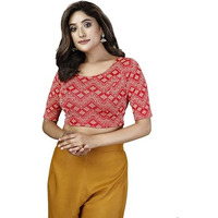 Oomph! Women's Indian Ethnic Wear Designer Bandhani Wave Pattern Zari Work Boat Neck Half Sleeve Fire Red Color Lycra Readymade Blouse For Saree Or Lehnga And Fusion Twist. Xxl