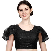 Pujia Mills Women's Shipali Net Work Ruffle Sleeve Readymade Saree Blouse (Black, 38)