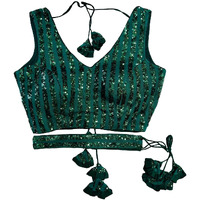 Pujia Mills Women's Emblished Sequins Sleeveless Fancy Green Blouse With Belt(Sequins Belt Green_38)