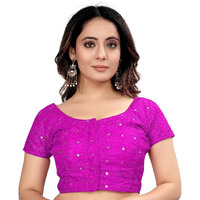 Pujia Mills Women's Silk Foil Mirror Short Sleeve Readymade Fancy Blouse(Foil Mirror Pink_38)