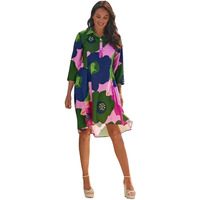 Gufrina Women's Crepe Midi Dress With 3/4Th Sleeves Floral Printed Collar Neck Maxi Length Regular Fit And A Line Style Pink