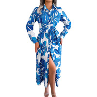Gufrina Women's Full Sleeve Collar Neck Western Dress - Floral Print Maxi Dress With Slit And Tie-Up Belt (Blue L)