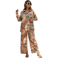 Gufrina Women's Paisley Print Co-Ord Set, Long Sleeve Shirt And Wide Leg Pants, Boho Chic Outfit (Beige M)