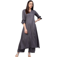 Idalia Rayon Solid A-Line Grey Kurta Set For Women Stylish Boat Neck Design Kurta Set With Palazzo Pant Set For Wedding & Festive