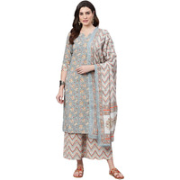 Idalia Women's Multicolor Printed Cotton Kurta Set With Palazzo Pant And Dupatta