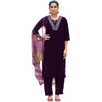 Sanisa Women's Velvet Sequins And Embroidery Work Straight Kurta With Pant And Dupatta Set (224Kbd2376N-Xl_Wine)