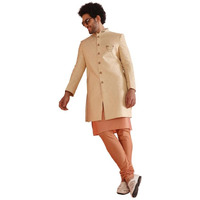 Kisah Men's Kurta Indo-Western Sherwani Churidar Set, Cream Silk Blend, Jacquard Regular Fit Mandarin Collar Long Sleeves, 40