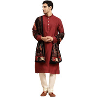 Kisah Men Maroon Kurta Set, Full Sleaves, Knee Length, Straight, Regular Fit, Mandarin Collar Ethnic Wear