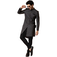 Kisah Men's Kurta Sherwani Churidar Set Indo-Western, Black Jacquard, Woven Design Long Sleeves Regular Fit Mandarin Collar (Large)