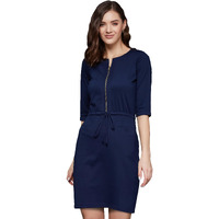 Miss Chase Women's Round Neck 3/4 Sleeves Cotton Solid Mini Shift Dress (Mcaw23D98-81-71-04, Navy Blue, M)