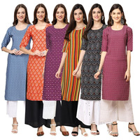 Pinkmint Women's Crepe Digital Print Straight Kurta [Pack Of 6] Multicolour