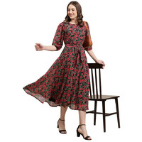 Preneum Women's Maxi Fit & Flare Latest Style Print Georgette Regular Sleeves Casual Summer Maxi Dress || Festival & Occasion, Red, 2Xl