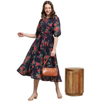 Preneum Women's Maxi Fit & Flare Latest Style Print Georgette Regular Sleeves Casual |Summer Festival & Occasion Maxi Gown,Blue,Xl