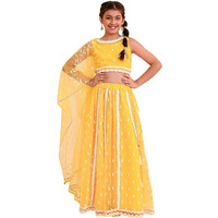 Pspeaches Girl's Cotton Blend Lehenga Choli (L-Yellowwtbooti_Yellow_10-12Y)
