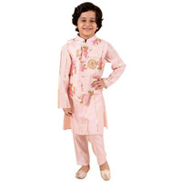Pspeaches Kids-Boys Pink Floral Printed Pure Cotton Kurta With Trousers And Nehru Jacket