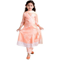 Pspeaches Girls Peach-Coloured Floral Printed Angrakha Pure Cotton Kurta With Trousers With Dupatta (Orange-4-5Y)