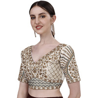 Pujia Mills Mills Women's Fancy Readymade Heavy Coding Embroidary Worked Half Sleeve Multicolor Saree Blouse(Mushroom) (White, 42)