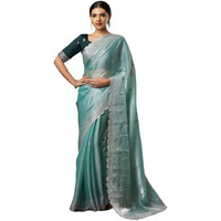 Satrani Women's Tissue Silk Sequence Embroidery Scalloped Border Saree With Unstitched Blouse Piece (3900S131N_Sky Blue)