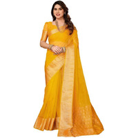 Satrani Women's Organza Dyed & Woven Zari Patta & Jacquard Saree With Unstitched Blouse Piece (3276S252N_Turmeric Yellow4)