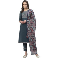 Sanisa Women's Chinnon Embroidery Straight Kurta Set With Dupatta (10Kbdn191-M_Grey)