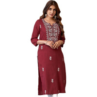 Sanisa Women's Cotton Blend Chikankari Embroidered Straight Kurti (475K10035N-S_Maroon)