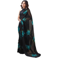 Satrani Women's Georgette Floral Printed Satin Stripe Saree With Unstitched Blouse Piece (3881S127N_Black2)