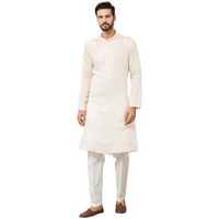 See Designs Men's Long Sleeve Mandarin Collar Side Slit Peach Embroidered Chanderi Silk Straight Kurta With Pyjama - Sdkt257106L