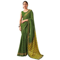 Satrani Women's Pure Cotton Printed Zari Stripe Border Saree With Unstitched Blouse Piece (3884S364N_Green)