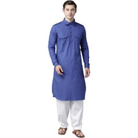 See Designs Men's Solid Cotton Curved Hemline With Shirt Collar Royal Blue Full Sleeve Pathani Kurta With Salwar - Sdkt602Xs