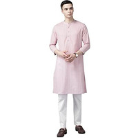 See Designs Men Pink & Maroon Stripe Printed Straight Kurta With Pyjama_Sdkt112901M