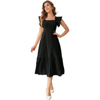 Shasmi Girl's & Women's Solid Black Color Square Neck, Ruffle-Trimmed Hem Sleeveless, Ruffle Armhole And Casual Dress With Cinched Waist Vacation Outfits Woman (Dress 162 Black-S)