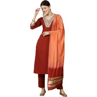 Stylum Women's Solid & Embroidered Rayon Straight Kurta Pant & Dupatta Set (Kpdrustkaavi40_Rust, L)