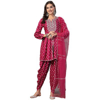 Stylum Women's Bandhani Printed & Embroidered Rayon Pleated Kurti With Dhoti Pant & Dupatta Set (Kpdgemink38_Gem, M)