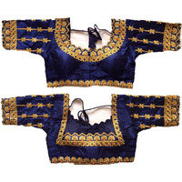 Pujia Mills Women's Silk Floral Half Sleeve Regular Blouse (Hariyali Blouse Navy Blue 38)