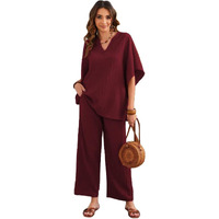Tadkee Women's Solid Color V-Neck Kaftan Sleeve Casual Wear Co Ord Set | Kurta Set For Women (Fn-Sugar-Cord-121-Maroon-S)